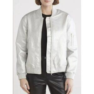 Blank NYC Metallic Silver Faux Leather Bomber Jacket Size Medium NWT